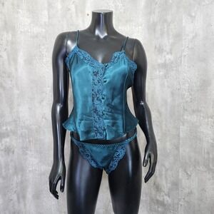 Vintage 80s Victorias Secret Gold Label Size S Green Satin Lace Cami Set Nightie